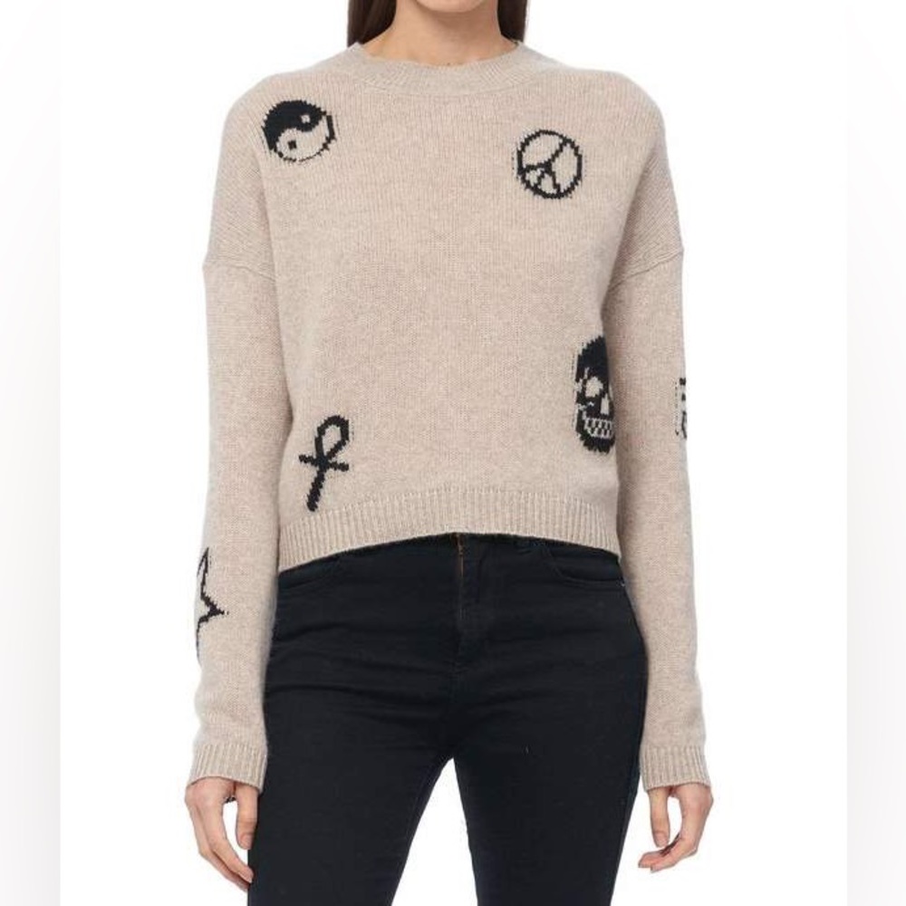 360 Cashmere Santi Beige Black Sweater Hamsa Peace Sign Sz Small